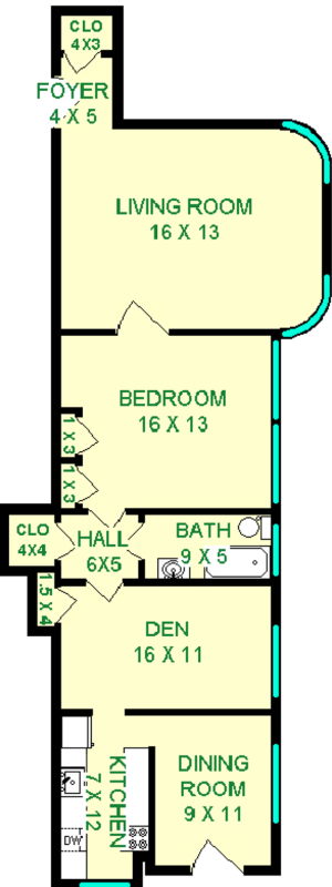 Horne One bedroom floorplan showing roughly 1065 square feet showing a living room, bedroom, den, dining room, bathroom kitchen and closets.