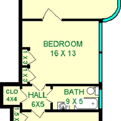 Horne One bedroom floorplan showing roughly 1065 square feet showing a living room, bedroom, den, dining room, bathroom kitchen and closets.