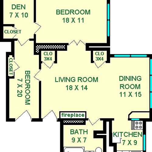 Frick two bedroom floorplan shows roughly 1010 square feet with two bedrooms, a living room, bathroom, dining room, kitchen and den.