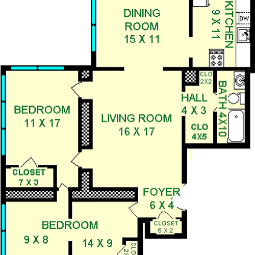 Gulf Two bedroom unit shows roughly 1050 square feet, with a living room, dining room, two bedrooms, a hall, bathroom and kitchen.