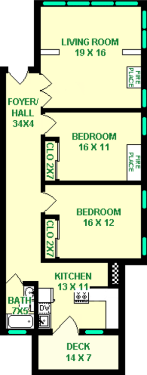 Keystone Two Bedroom floorplan shows roughly 960 square feet, with two bedrooms, a bathroom, a living room, a kitchen and a deck.