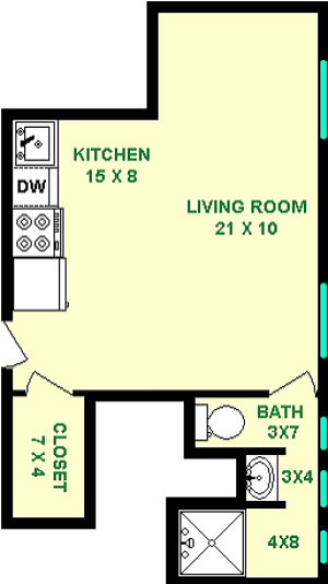 Ohm studio floorplan shows 425 square feet, with a living room, kitchen, closet, and bathroom