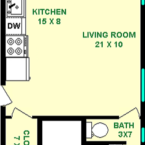 Ohm studio floorplan shows 425 square feet, with a living room, kitchen, closet, and bathroom