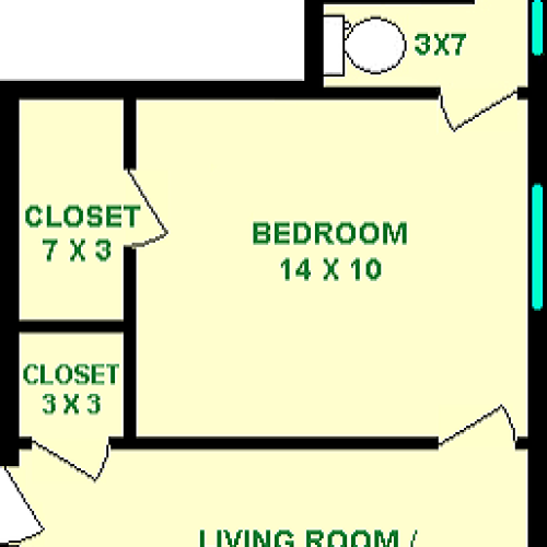 Bell One Bedroom floorplan shows roughly 395 square feet, with a living room/Kitchen, bedroom, bathroom and closets.