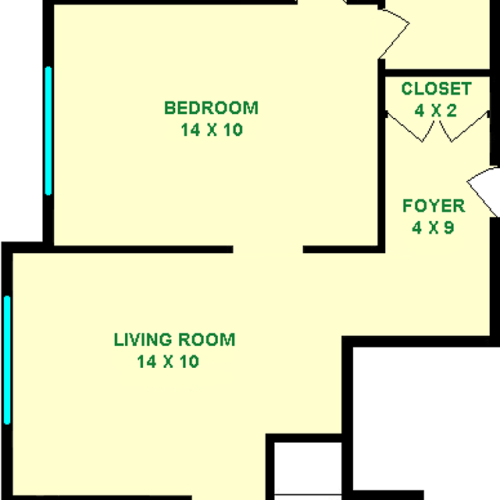 Franklin One Bedroom floorplan shows roughly 450 square feet, with a living room, bedroom, Bathroom, Kitchen, foyer and closets.