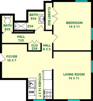 Parsons One Bedroom floorplan shows roughly 600 square feet, with a bedroom, living room, separate commode and wash rooms, kitchen, foyer and closets.
