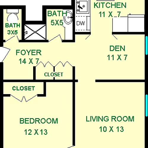Volta One Bedroom floorplan shows roughly 600 square feet with a bedroom, living room, den, foyer, kitchen and separate commode and wash rooms.