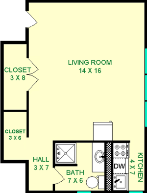 Tomlinson Studio Floorplan shows roughly 345 square feet, with a living room, Kitchen, Bathroom, hall and two closets.