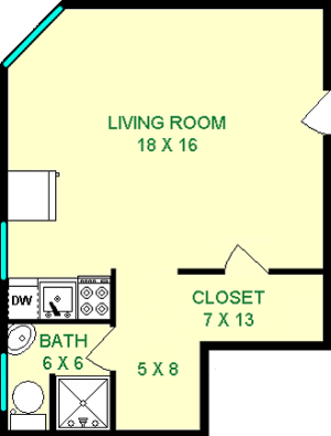 Metcalfe Studio Floorplan shows roughly 390 square feet with a living room, bathroom and closet
