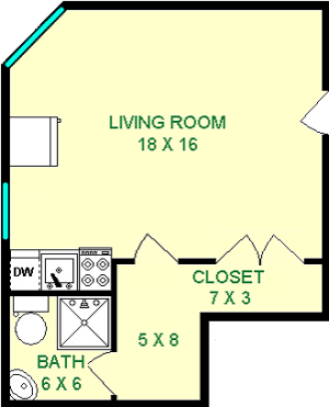 Nelson Studio floorplan shows roughly 390 square feet featuring a living room with kitchen appliances, a closet and bathroom