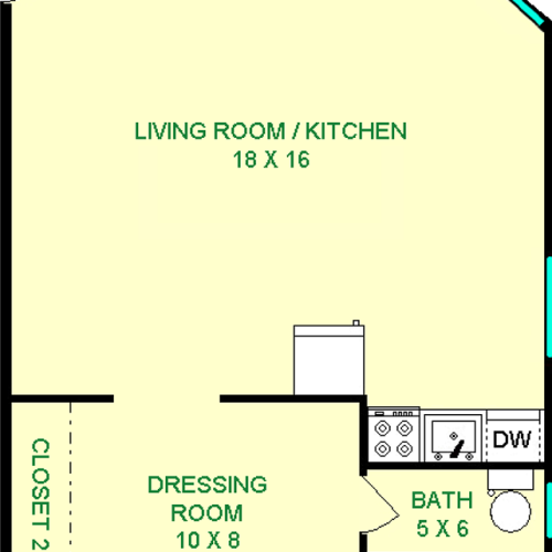 Taylor studio floorplan shows roughly 425 square feet, with a living room/kitchen, and a dressing room/closet leading to the bathroom.
