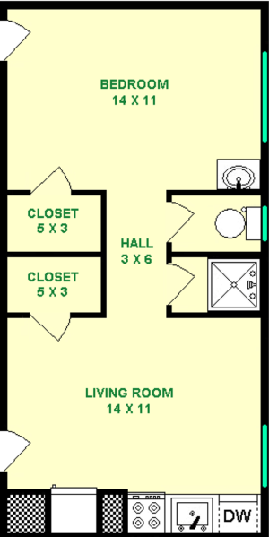 Roberts One Bedroom Floorplan shows roughly 390 square feet, with a living room, bedroom, hall, closets, and separate toilet, shower and sink.