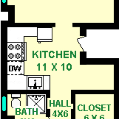McCahill One Bedroom Floorplan shows roughly 780 square feet with a foyer and private entrance, kitchen with a building entrance, living room, bedroom, bathroom and closets.
