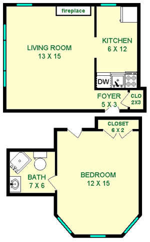 Alyssum one bedroom floorplan shows two separate rooms between 520 square feet, one containing the living room and kitchen, the other contains the bedroom and bathroom.