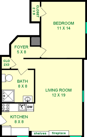 Achillea one bedroom floorplan shows roughly 580 Square Feet there is a living room, kitchen, bathroom bedroom, two closets and a foyer.