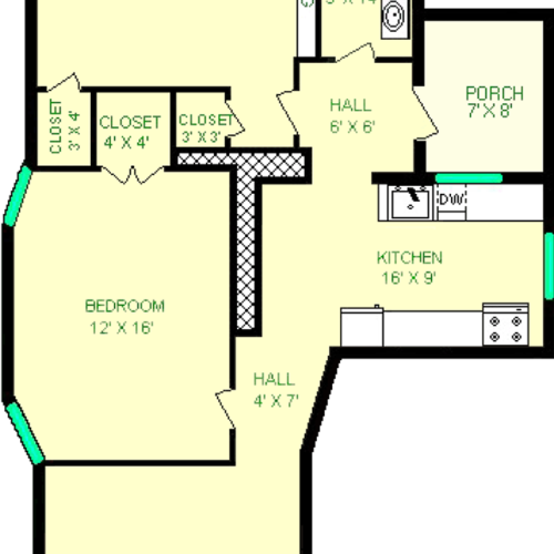 Aster two bedroom floorplan shows a living room, two bedrooms, kitchen, porch, bathroom and foyer. There are also three closets shown.