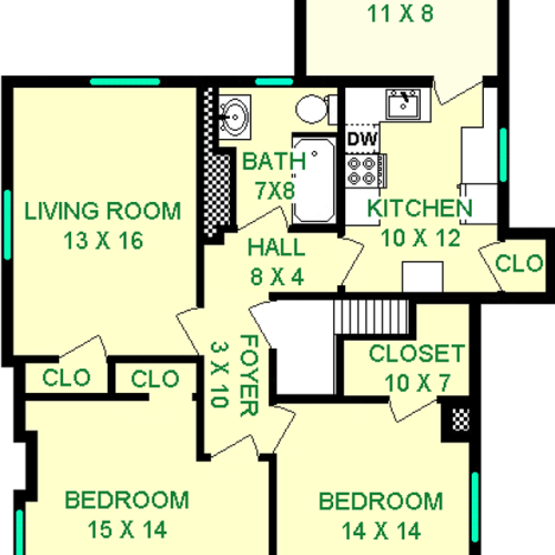 Agapanthus two bedroom floorplan shows a living room, two bedrooms, kitchen, porch, bathroom and foyer. There are also four closets shown.