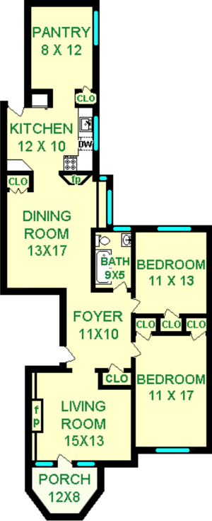 Richardson two bedroom floorplan shows roughly 1145 square feet with two bedrooms, a living room, foyer, bathroom, dining room, kitchen, and a pantry.