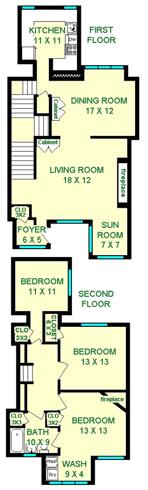 Janssen Three bedroom cottage floorplan shows roughly 1490 square feet layed out between two stories, including a kitchen, bathroom, dining room living room, sun rom, three bedrooms and a laundry room. Separated by a large three way stairca