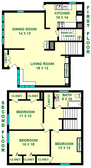 Osterling Three bedroom floorplan shows roughly 1515 square feet over two stories, including a kitchen, living room dining room, laundry room, stairs to three bedrooms and a bathroom.