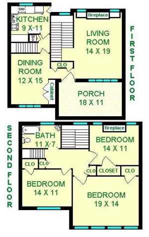 Burnham Three Bedroom Cottage style floorplan shows roughly 1635 square feet, spread across a living room, dining room, laundry area, kitchen, porch, and stairway to the second floor containing the batroom and three bedrooms.