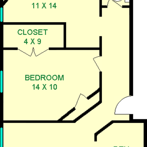 Buckeye One Bedroom Floorplan shows roughly 775 square feet, with a bathroom, bedroom, dining room, living room, kitchen and den with multiple closets. A Balcony is also shown