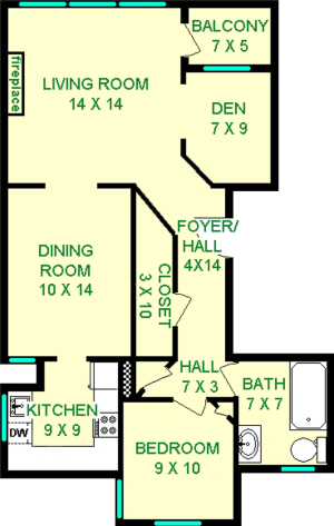 Dogwood One Bedroom floorplan shows roughly 775 square feet, with a living room, bedroom, bathroom, dining room, den, kitchen and hall/foyer.