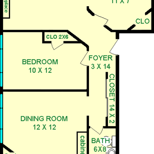Mimosa One Bedroom Floorplan shows roughly 850 square feet with a Den, Living Room, Bedroom, Dining Room Bathroom, kitchen, foyer, bathroom and pantry