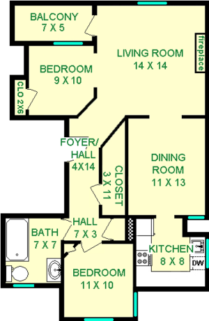 Holly two bedroom floorplan shows roughly 750 square feet, with two bedrooms, a foyer/hall, living room, dining room, bathroom and kitchen. A Balcony is shown as well.