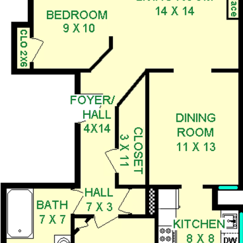 Holly two bedroom floorplan shows roughly 750 square feet, with two bedrooms, a foyer/hall, living room, dining room, bathroom and kitchen. A Balcony is shown as well.