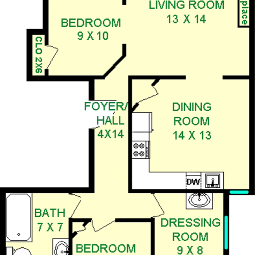 Bluebeard Two Bedroom floorplans hows roughly 760 square feeet, with two bedrooms, a bathroom, a dressing room, dining room/Kitchen and a balcony.