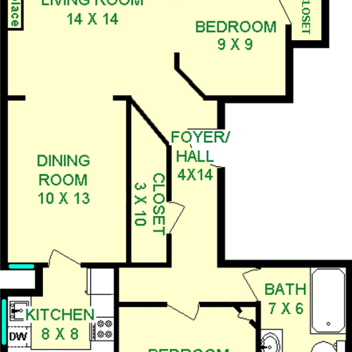 Two bedroom Locust Floorplan shows roughly 760 square feet, with two bedrooms, a bathroom, living room, dining room, kitchen and balcony.