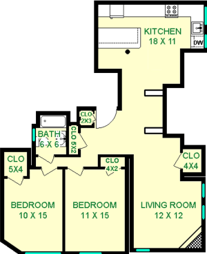 Linden Two Bedroom floorplan shwos roughly 920 square feet, with two bedrooms, a living room, bathroom, and a kitchen.