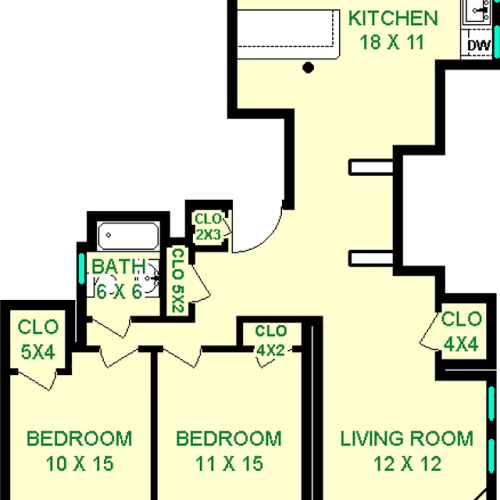 Linden Two Bedroom floorplan shwos roughly 920 square feet, with two bedrooms, a living room, bathroom, and a kitchen.