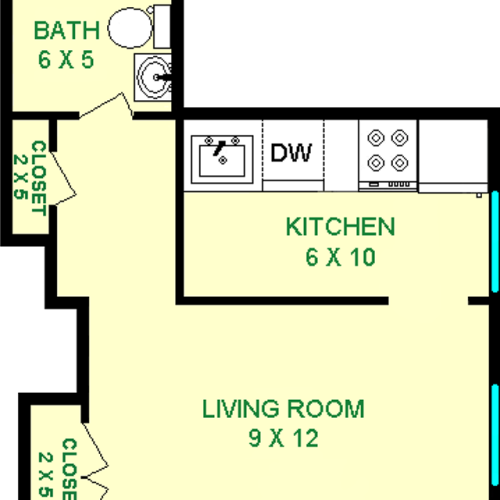 Azalea Studio Apartment shows studio floorplan with roughly 270 square feet, with a living room, bathroom, kitchen and closets.