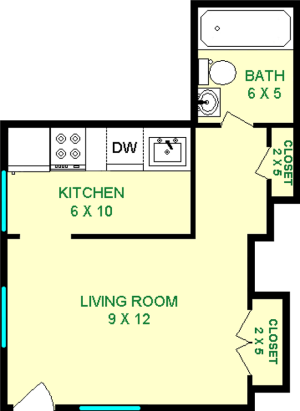 Lilac Studio floorplan shows roughly 270 square feet, with a living room, bathroom, kitchen and closets.