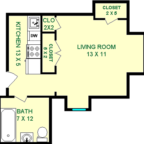 Spirea Studio Floorplan shows roughly 325 square feet, with a living room, bathroom, kitchen and three closets.