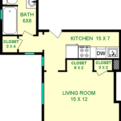 Hydrangea Studio Floorplan shows roughly 355 square feet, with a living room, bathroom, kitchen and three closets.