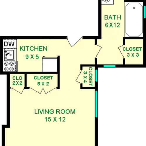 Potentilla studio floorplan shows roughly 355 square feet, with a living room, bathroom, kitchen and four closets.
