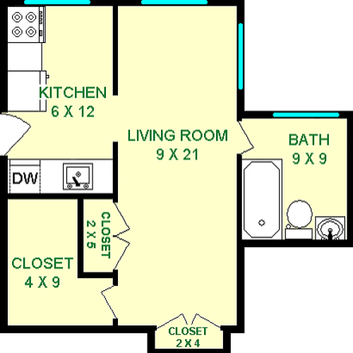 Rose studio floorplan shows roughly 380 square feet, with a living room, bathroom, closets and a kitchen.