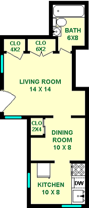 Hibiscus studio floorplan shows roughly 430 square feet, with a living room, bathroom, dining room, kitchen and multiple closets