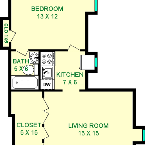 Honeysuckle one bedroom floorplan shows roughly 540 square feet, with a living room, bedroom, bathroom, kitchen and closets.