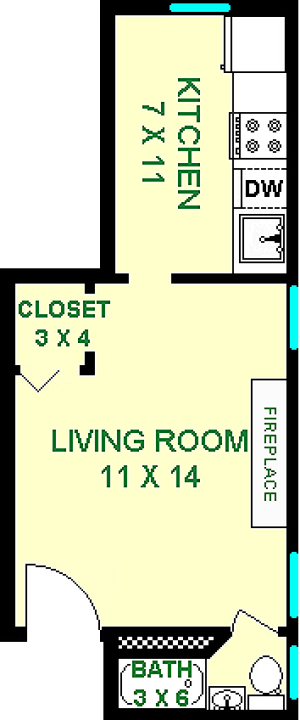 Toadflax Studo Floorplan shows roughly 250 square feet, with a living room, bathroom, kitchen and a closet.