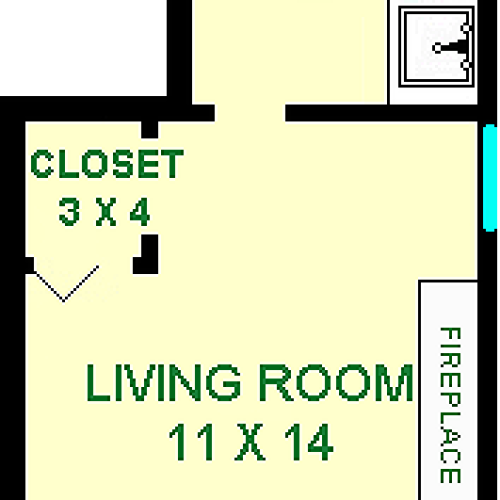 Toadflax Studo Floorplan shows roughly 250 square feet, with a living room, bathroom, kitchen and a closet.