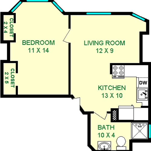 Tiarella One Bedroom Floorplan shows bedroom, bathroom, living room and a kitchen.