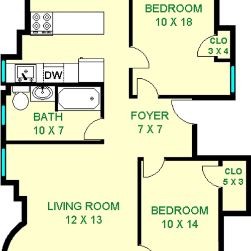 Tulip Two bedroom floorplan shows roughly 890 square feet, with two bedrooms, a foyer, bedrooms, living room, kitchen, bathroom, and closets.