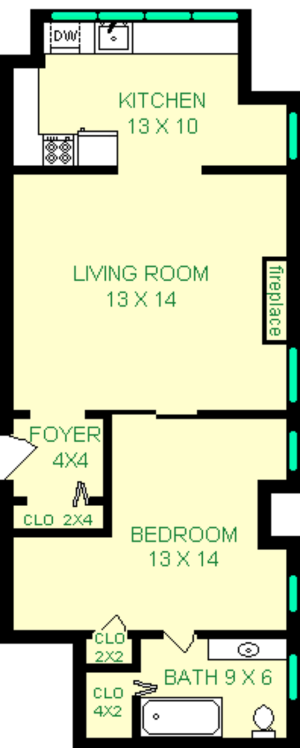 Pecan One Bedroom Floorplan shows roughly 585 square feet, with a living room, bedroom, bathroom, kitchen and a foyer.
