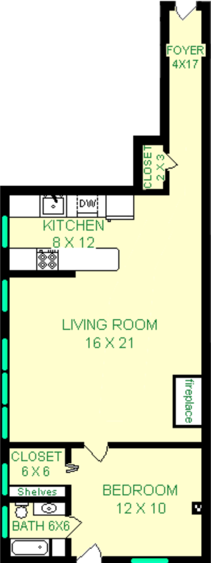 Hickory One Bedroom floorplan shows roughly 825 square feet with a bedroom bathroom, living room, kitchen, foyer and a closet.