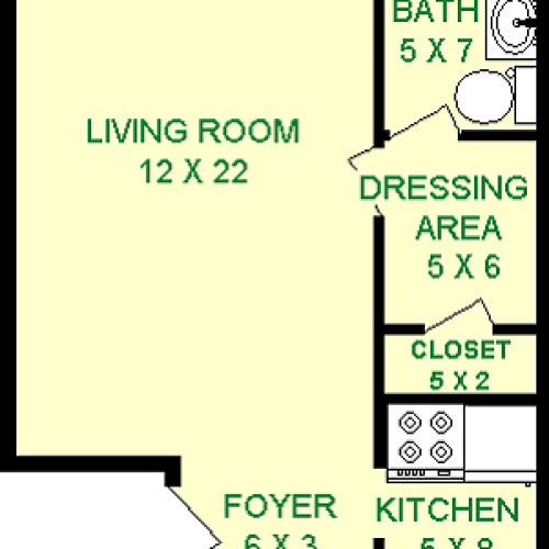 Radcliff Studio Apartment shows roughly 370 square feet with a Living Room, bathroom, foyer, Kitchen and a Dressing Area