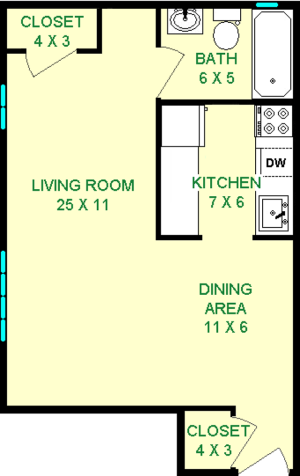 Polidori Studio Floorplan shows roughly 445 square feet, with a living room, dining area, kitchen, and closets.